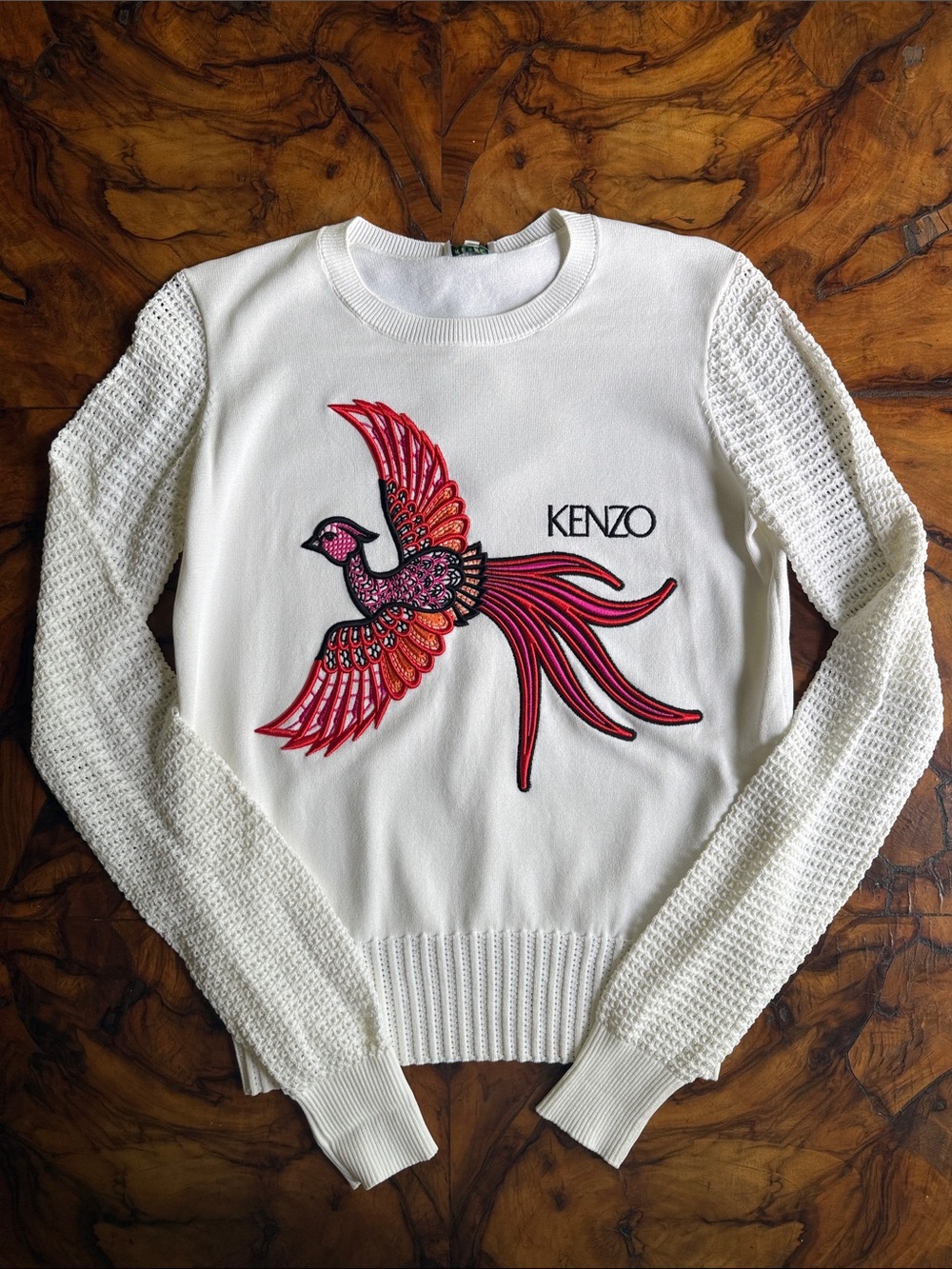 Kenzo White Crewneck Sweater with Red and Pink Embroidered Bird